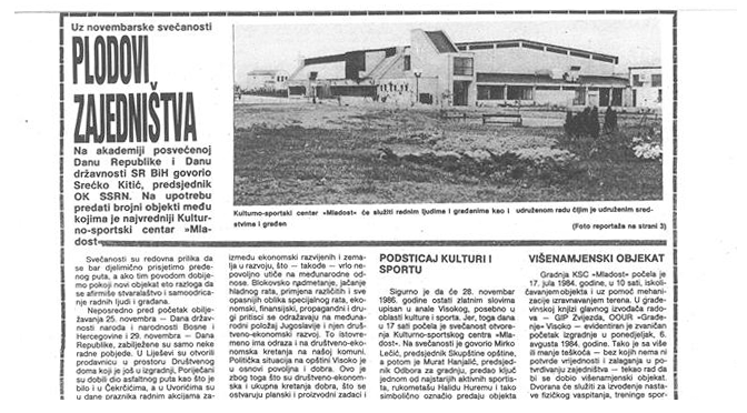 28.11.1986. – Otvoren KSC “Mladost” Visoko