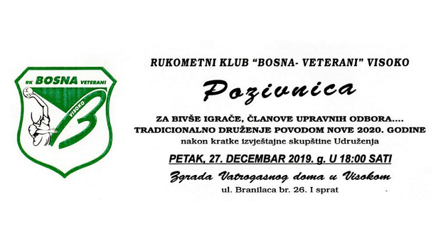 RK Bosna Veterani: Novogodišnje druženje u PETAK 27.12.2019.u 18h